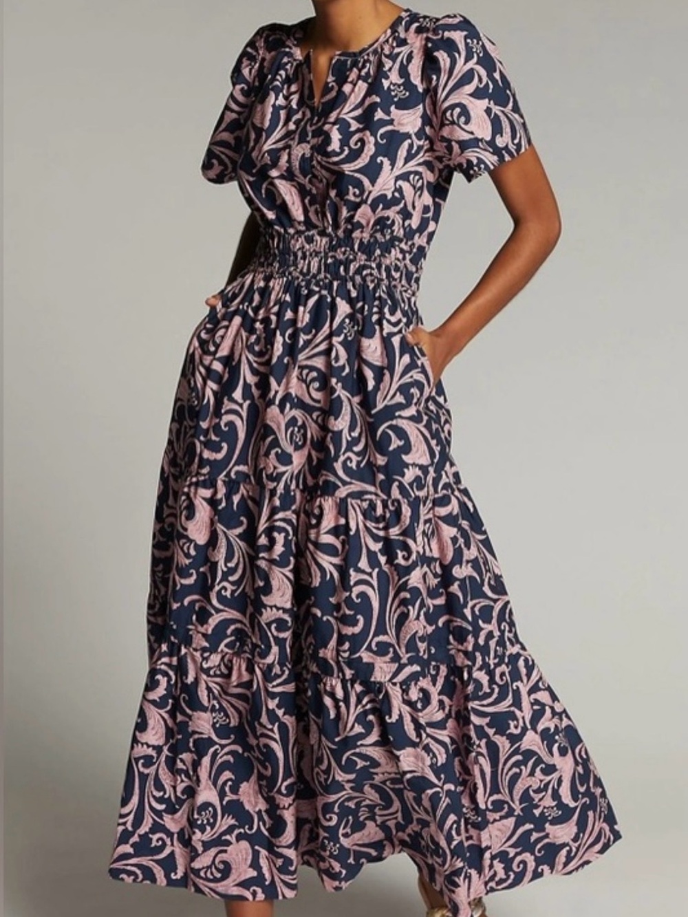 Anthropologie The Somerset Navy and Pink Paisley Maxi Dress Sz Small
